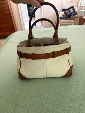 Coach Cream and Brown Leather Trim Satchel Handbag